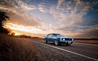 Blue mustang country road sunset - a blue mustang mustang free wallpaper