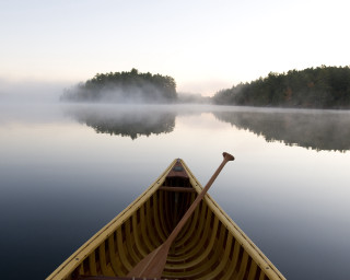 Canoe foggy water reflection forest - tranquil free wallpaper