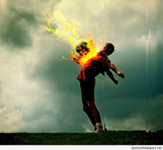 Man jumping fireball cloudy sky - fantastic realism free wallpaper for tablet