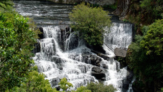 Waterfall bench trees nature serenity - a bench in the middle of it free wallpaper