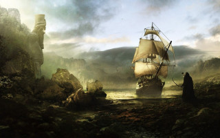 Ship rocky castle man shore - the shore free wallpaper