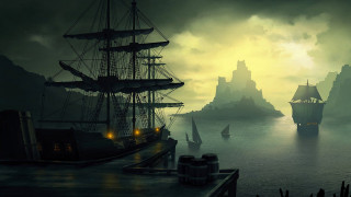 Pirate ship harbor castle night - andreas rocha free wallpaper
