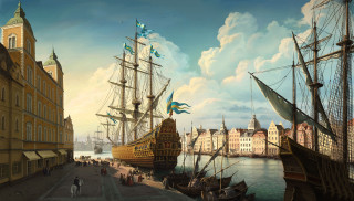 Harbor ships people building clock - matte painting free wallpaper
