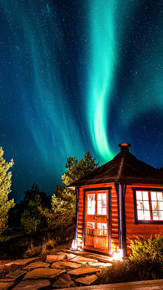 Cabin green aurora borealis tree - free sky wallpaper for mobile