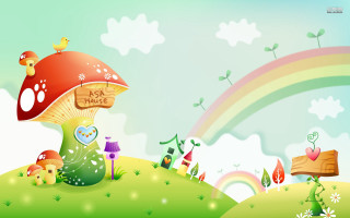 Mushroom house rainbow background sky 2 - a rainbow in the background free wallpaper for desktop