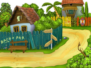 Village cartoon road sign fence - a cartoon free wallpaper