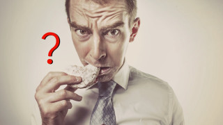 Man tie eating doughnut question - a white background free wallpaper