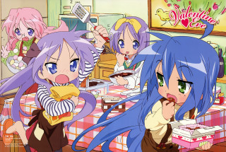 Anime girls eating cake kitchen - tablecloth free wallpaper