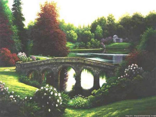 Bridge river park flower trees - a house in the background free wallpaper