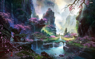 Waterfall forest trees flowers painting - a waterfall in the middle free wallpaper
