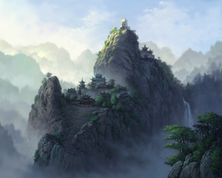 Mountain castle clouds fog painting - a painting of a mountain free wallpaper