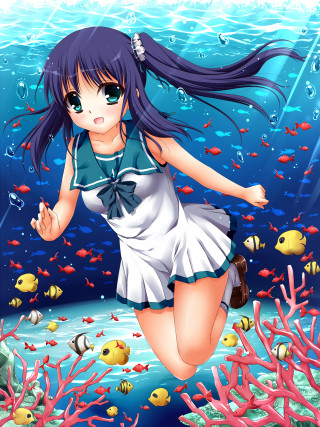 Girl sailor outfit swimming ocean - fish and corals free wallpaper