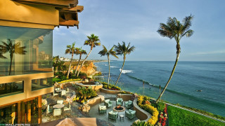 Beach balcony view palm trees - american impressionism free wallpaper