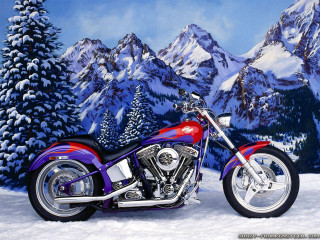 Motorcycle parked snow mountain scene - oil painting free wallpaper for desktop
