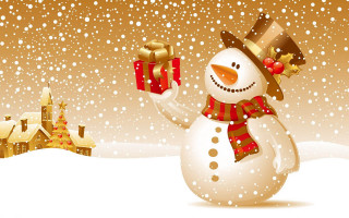 Snowman holding gift snow house 2 - a gift free wallpaper