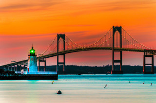 Bridge water lighthouse red sky - a body of water free wallpaper for desktop