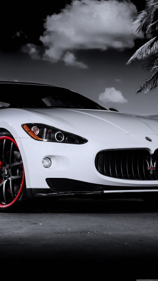 White maserai parking lot palm - free 3d render wallpaper for mobile
