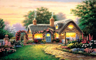 Cottage flowers pathway nighttime lit - edward lamson henry free wallpaper