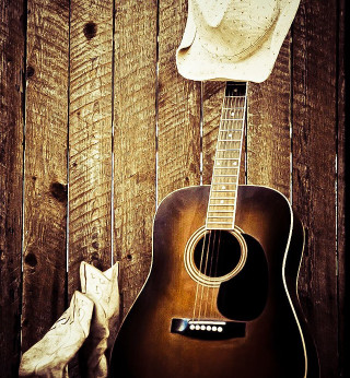 Cowboy hat guitar wooden wall - folk art free wallpaper for tablet