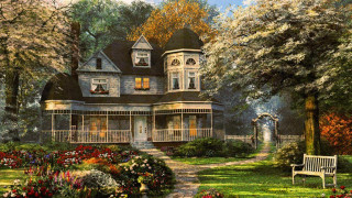 House garden bench statue autumn - kinkade free wallpaper