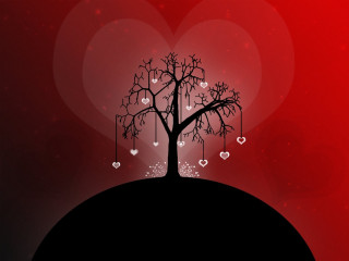 Tree hearts hill red background - a red heart free wallpaper