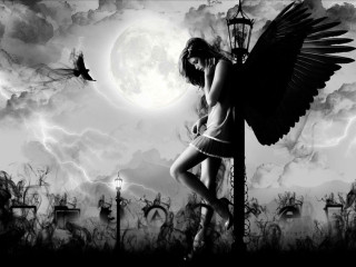 Woman wings street light pole - dark fantasy art free wallpaper