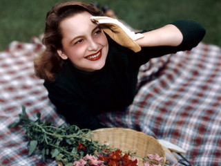 Woman blanket basket flowers book - kodachrome free wallpaper