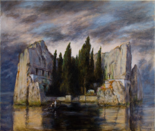 Boat water trees building painting - symbolist free wallpaper