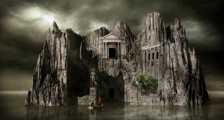 Man giant rock house boat - side and a man free wallpaper