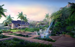 Tropical resort waterfall pool palm - tropical free wallpaper