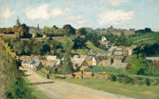 Village road person walking painting - free landscape wallpaper