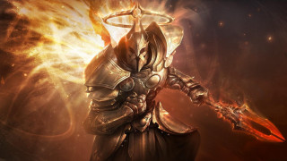 Man armor sword flames sky - flame behind free wallpaper