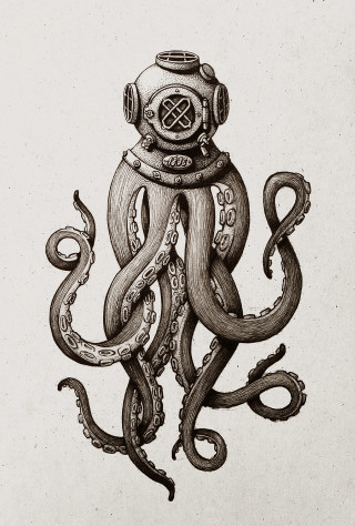 Octopus diving helmet tentacles neck - a charcoal drawing free wallpaper