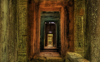 Long hallway stone wall door - another room free wallpaper