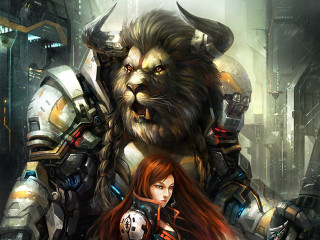 Woman lion city giant robot - biopunk free wallpaper for desktop