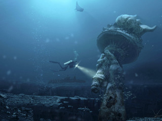 Scuba diver statue ocean shark - a scuba diver free wallpaper