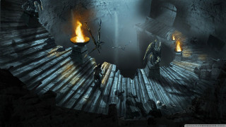 Cave firepit man staircase scene - clint cearley free wallpaper