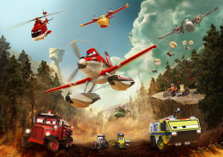 Plane cars forest firetruck helicopter - over a forest free wallpaper