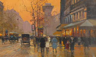 People walking street rain car - kinkade free wallpaper