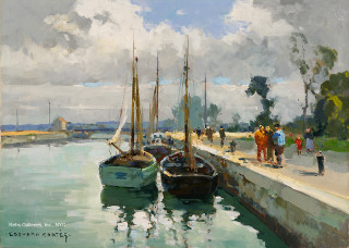 Boats docked pier people walking - plein air free wallpaper for desktop