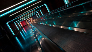 Long escalator red door blue - cyberpunk art free wallpaper for desktop