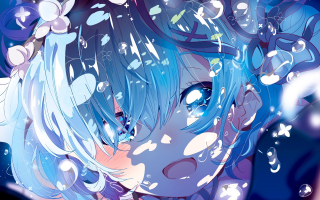 Blue hair blue eyes anime - water free wallpaper for desktop