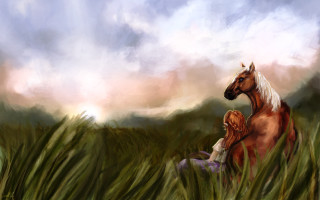 Horse woman field grass sky - storybook illustration free wallpaper