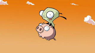 Cartoon pig riding another pig - the background and a person free wallpaper