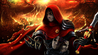 Man red hooded sword skull - a painting of a man free wallpaper for desktop