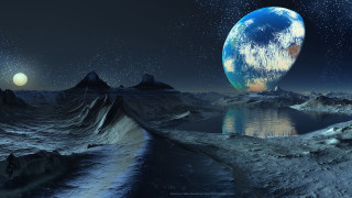 Planet lake mountains stars sky - a planet free wallpaper