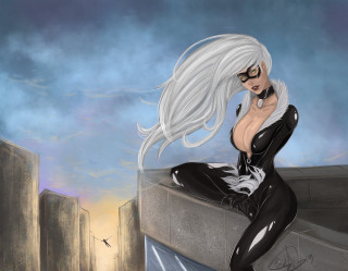 Woman cat suit ledge bird - giantess art free wallpaper