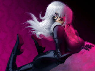 White hair woman black catsuit - a pink surface free wallpaper
