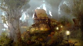 City trees lights fog painting - a painting of a city free wallpaper