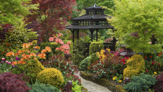 Garden gazebo flowers trees background - flower and trees free wallpaper